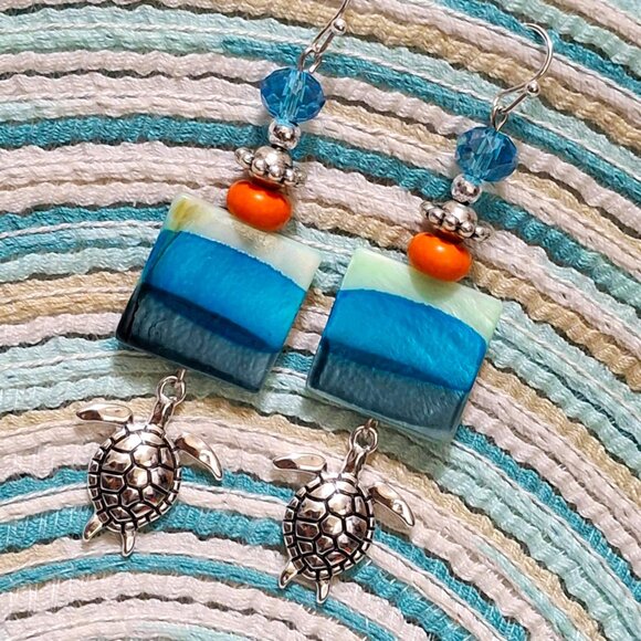 Artisan Hand Crafted Earrings, Turtles Silver Aqua Blue Orange Shell, Pierced - Picture 5 of 12